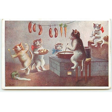 n°22708 - Illustrateur - C. Ohler - Chats préparant un repas dans une cuisine - cat