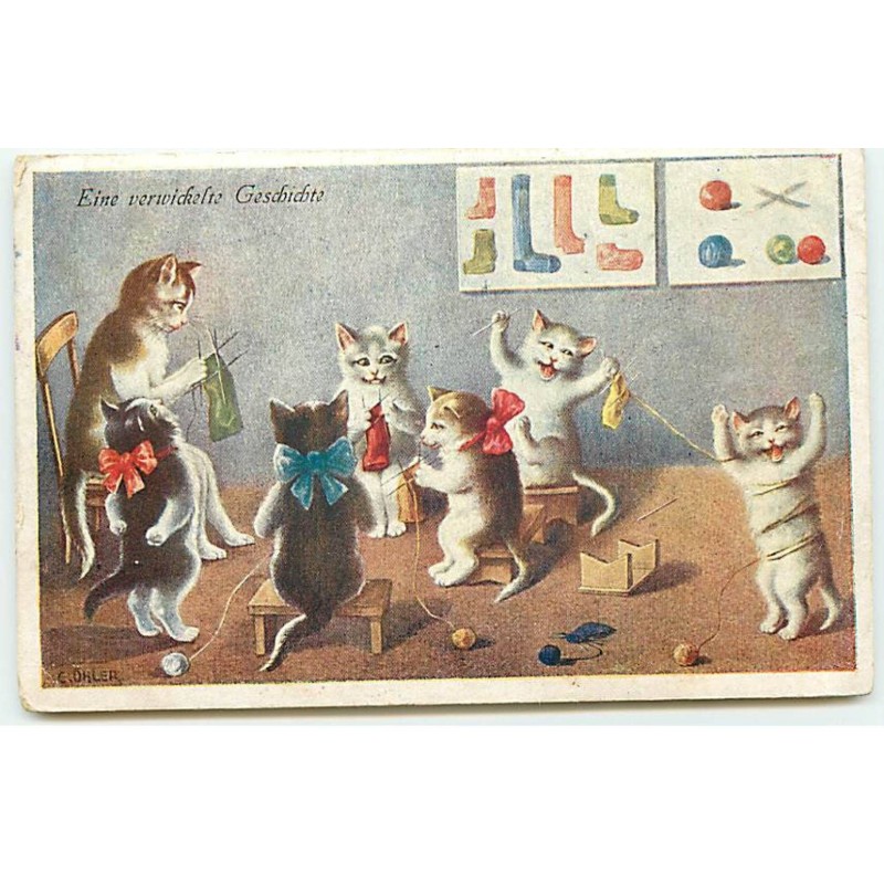 n°22709 - Illustrateur - C. Ohler - Eine verwickelte Geschichte - Cours de tricot pour des chats - Cat