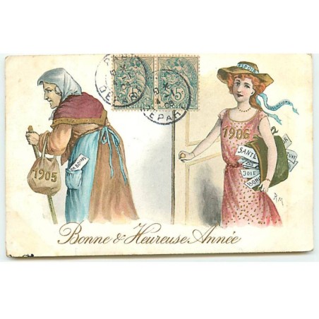 n°22719 - Bonne et Heureuse Année 1905-1906 - Une vieille femme et une jeune femme