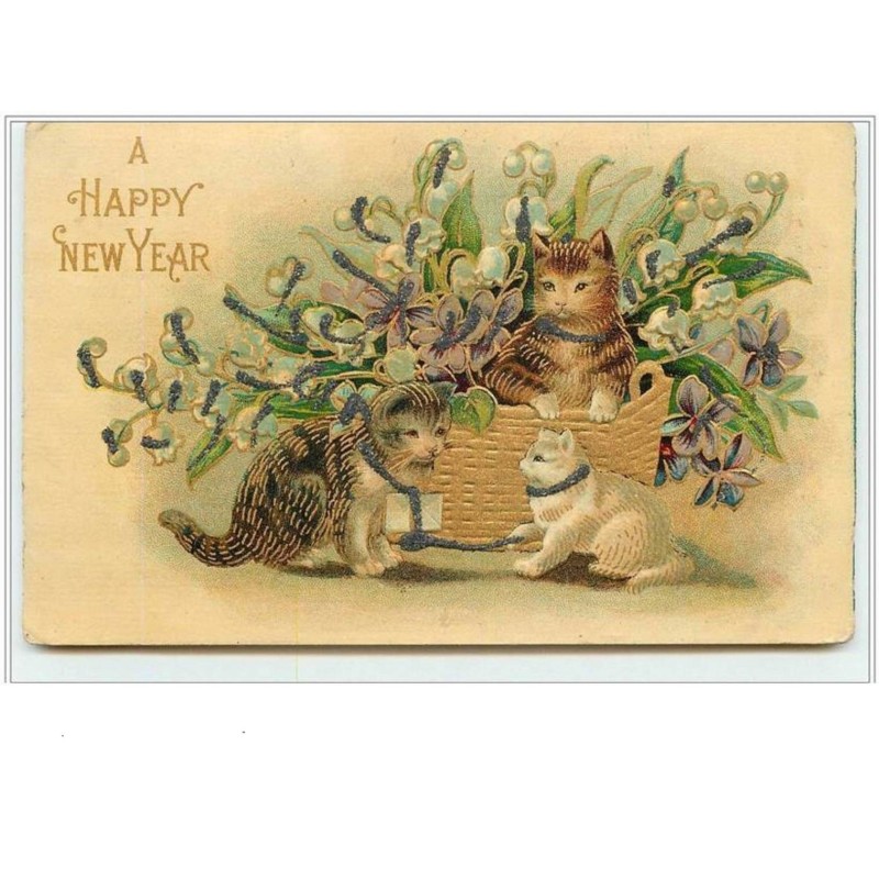 n°2272 - Carte Gaufrée - A Happy New Year - Chats dans une corbeille