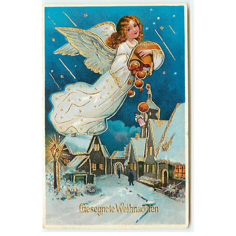 n°22721 - Carte Gaufrée - Gesegnete Weihnachten - Ange gardien au-dessus d'un village
