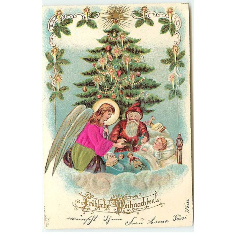 n°22726 - Carte Gaufrée - Fröhliche Weihnachten - Père Noël avec un ange gardien près d'un enfant dormant
