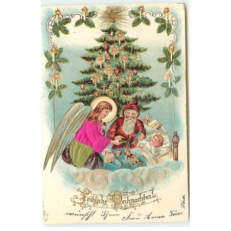 n°22726 - Carte Gaufrée - Fröhliche Weihnachten - Père Noël avec un ange gardien près d'un enfant dormant