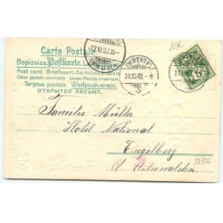 n°22726 - Carte Gaufrée - Fröhliche Weihnachten - Père Noël avec un ange gardien près d'un enfant dormant