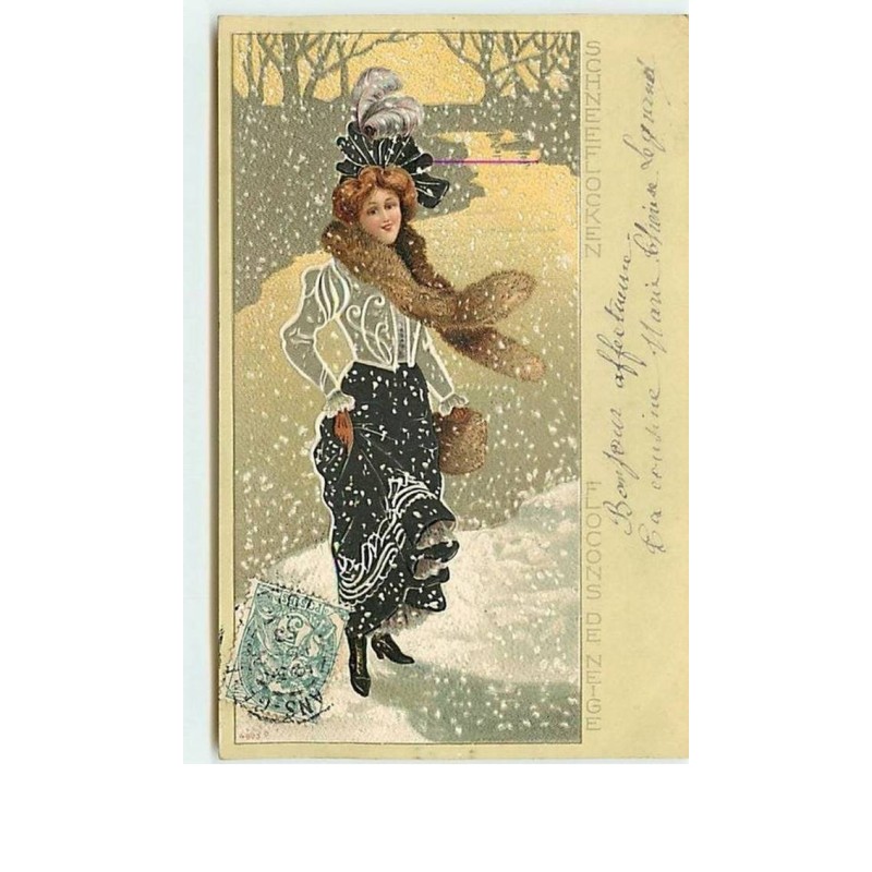 n°11522 - Carte Fantaisie Gaufrée - Flocons de Neige - Femme