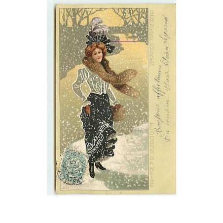 n°11522 - Carte Fantaisie Gaufrée - Flocons de Neige - Femme