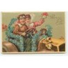 n°22732 - Carte Gaufrée - Bonne Fête - Couple avec un chien au volant d'une voiture, décorée de myosotis