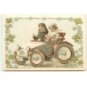 n°22733 - Carte Gaufrée - Couple au volant d'une voiture, la jeune femme tenant un bouquet de roses
