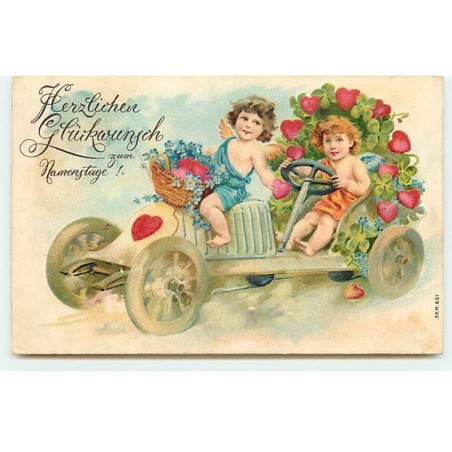 n°22736 - Carte Gaufrée - Deux anges au volant d'une voiture décorée de coeur