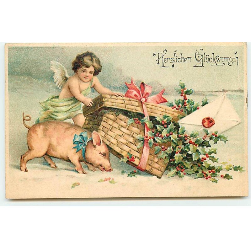 n°22739 - Carte Gaufrée - Clapsaddle -  Herzlichen Glückwunsch - Un ange et un cochon près de houx