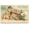 n°22739 - Carte Gaufrée - Clapsaddle -  Herzlichen Glückwunsch - Un ange et un cochon près de houx