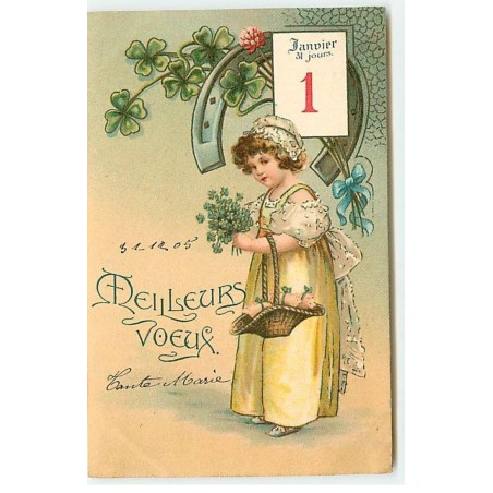 n°22748 - Clapsaddle - Meilleurs Voeux - Jeune fille tenant un bouquet de trèfles, sous un Fer à cheval