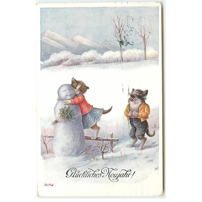 n°22766 - Fantaisie - C. Öhler - Glückliches Neujahr - Chats habillés, l'un faisant un câlin à un bonhomme de neige
