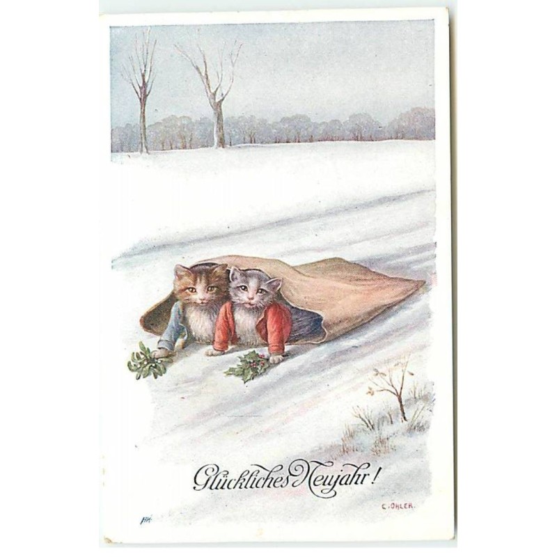 n°22767 - Fantaisie - C. Öhler - Glückliches Neujahr - Chats habillés allongés dans un sac de toile