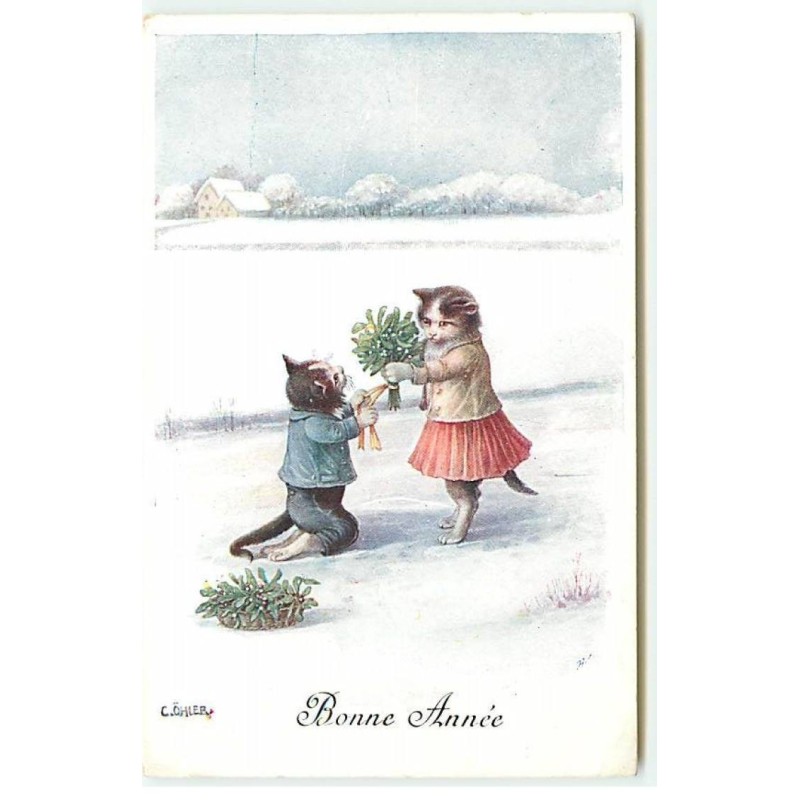 n°22768 - Fantaisie - C. Öhler - Bonne Année - Chats habillés, l'un offrant un bouquet de gui à un autre