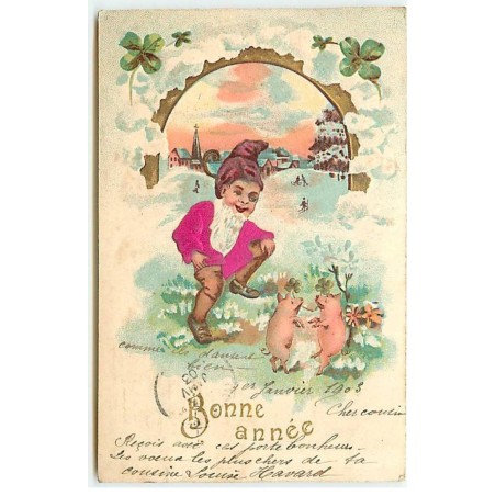 n°22776 - Carte Gaufrée - Bonne Année - Nain dansant avec des cochons