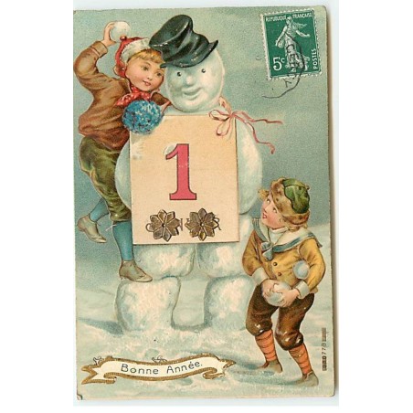 n°22777 - Carte Gaufrée - Bonne Année - Garçons avec des boules de neige, près d'un bonhomme de neige