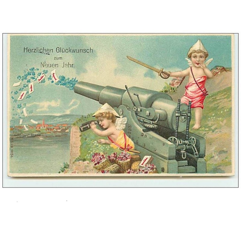 n°10078 - Carte Fantaisie Gaufrée - Angelots et Canon - 1er Janvier