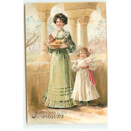 n°22780 - Carte Gaufrée - Joyeuses Pâques - Une fillette portant un lapin, près de sa mère portant une poule