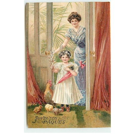 n°22781 - Carte Gaufrée - Joyeuses Pâques - Une fillette et sa maman près d'une poule et ses poussins
