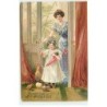n°22781 - Carte Gaufrée - Joyeuses Pâques - Une fillette et sa maman près d'une poule et ses poussins