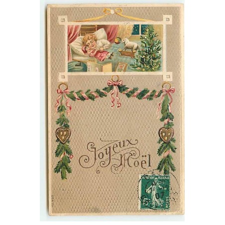 n°22782 - Carte Gaufrée - Joyeux Noël - Fillette dormant avec sa poupée et ses jouets
