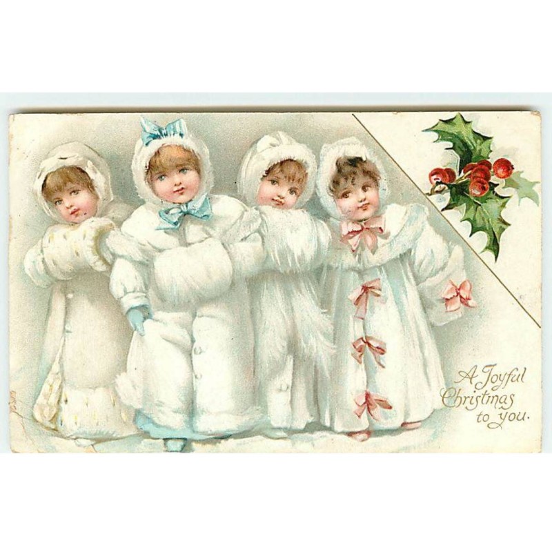 n°22784 - Joyeux Noël - A Joyful Christmas to You - Fillettes portant des manteaux blancs