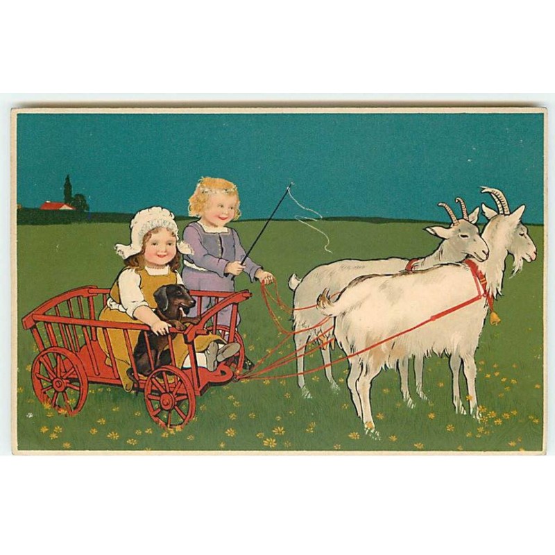 n°22789 - Animaux - Flatscher - Fillettes et un Teckel dans une charette tirée par des chèvres