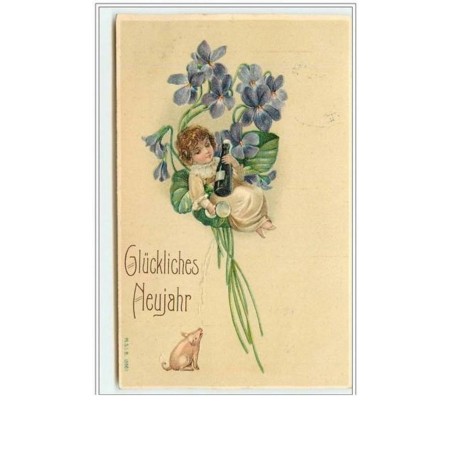 n°2280 - Carte Gaufrée - Glückliches Neujahr - Enfant avec une bouteille de champagne - cochon