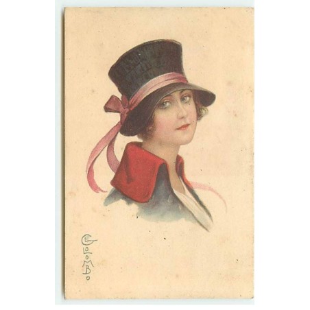 n°22806 - Illustrateur - E. Colombo - Jeune femme portant un chapeau avec un ruban rose