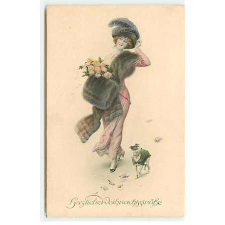 n°22807 - Illustrateur - MM Vienne n°1152 - Herzliche Weihnechtsgrusse - Jeune femme se promenant avec un petit chien