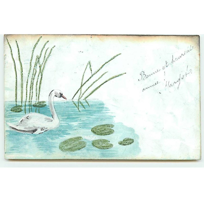 n°22809 - Carte Peinte à la Main - Cygne au milieu de nénuphars