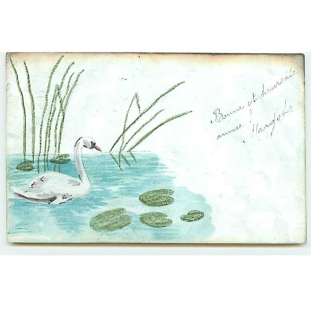 n°22809 - Carte Peinte à la Main - Cygne au milieu de nénuphars