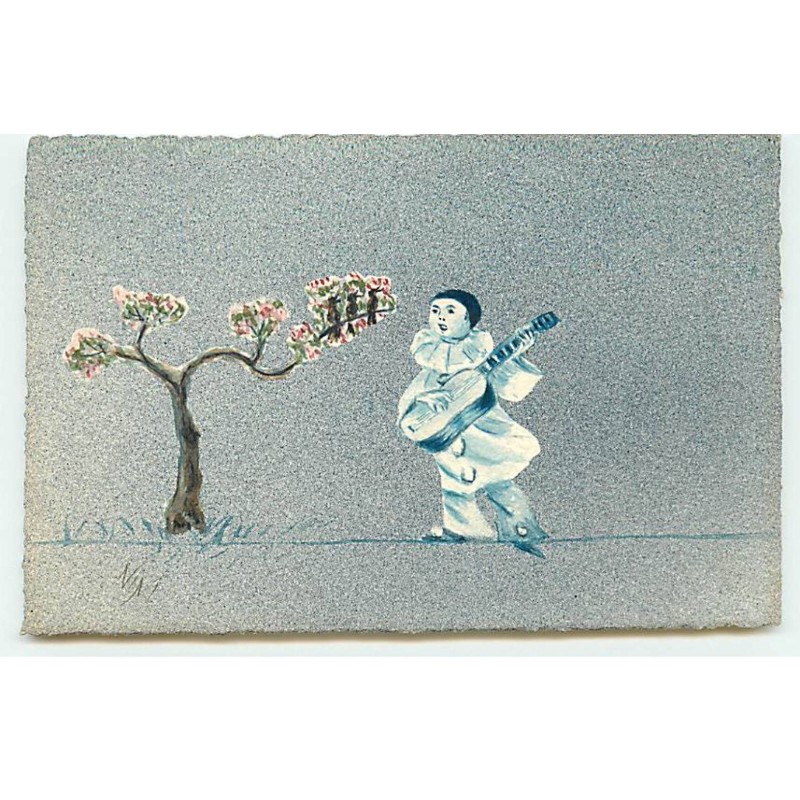 n°22810 - Carte Peinte à la Main - Nini - Pierrot jouant de la guitare près d'un arbre