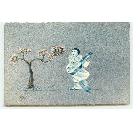 n°22810 - Carte Peinte à la Main - Nini - Pierrot jouant de la guitare près d'un arbre