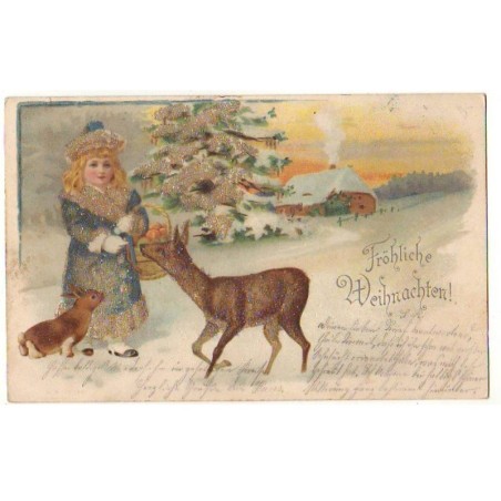 n°22819 - Carte avec des Perles - Fröhliche Weihnachten - Faon et lapin près d'une fillette