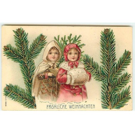 n°22822 - Carte Gaufrée - Noël  - Fröhliche Weihnachten - Fillettes entourée de branches de sapin