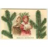 n°22822 - Carte Gaufrée - Noël  - Fröhliche Weihnachten - Fillettes entourée de branches de sapin