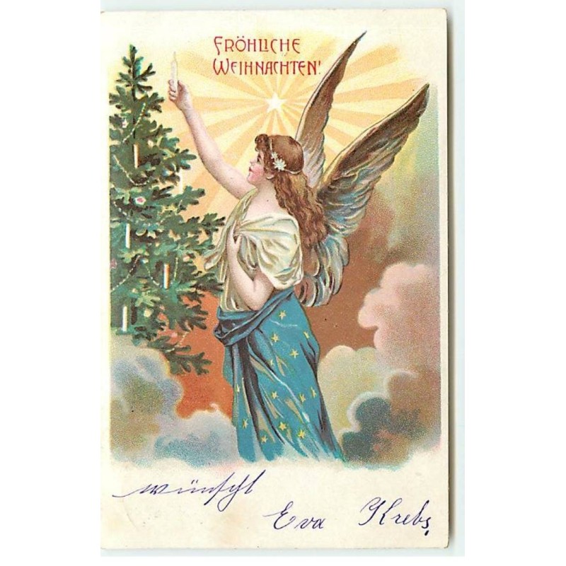 n°22823 - Noël  - Fröhliche Weihnachten - Ange Gardien déposant une bougie en haut d'un sapin
