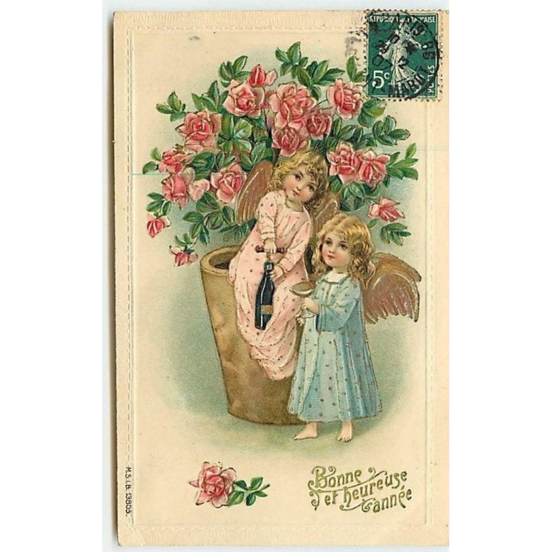 n°11539 - Carte Fantaisie Gaufrée - Bonne et Heureuse Année - Angelots buvant du champagne