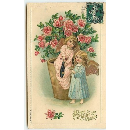 n°11539 - Carte Fantaisie Gaufrée - Bonne et Heureuse Année - Angelots buvant du champagne