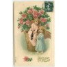 n°11539 - Carte Fantaisie Gaufrée - Bonne et Heureuse Année - Angelots buvant du champagne