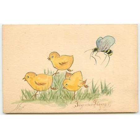 n°22825 - Carte Peinte à la Main - Illustrateur Nini - Joyeuses Pâques - Guêpe suivant des poussins
