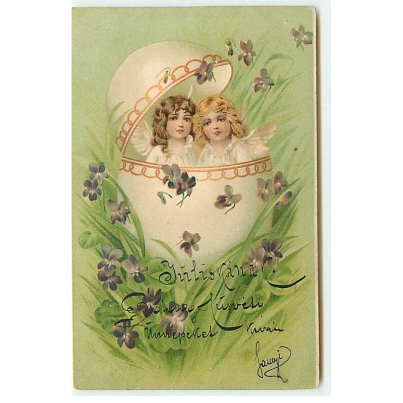 n°22830 - Pâques - Anges dans un oeuf entouré de violettes