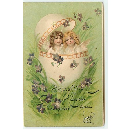 n°22830 - Pâques - Anges dans un oeuf entouré de violettes