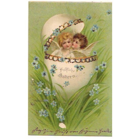 n°22831 - Paillettes - Fröhliche Ostern -Anges dans un oeuf entouré de myosotis