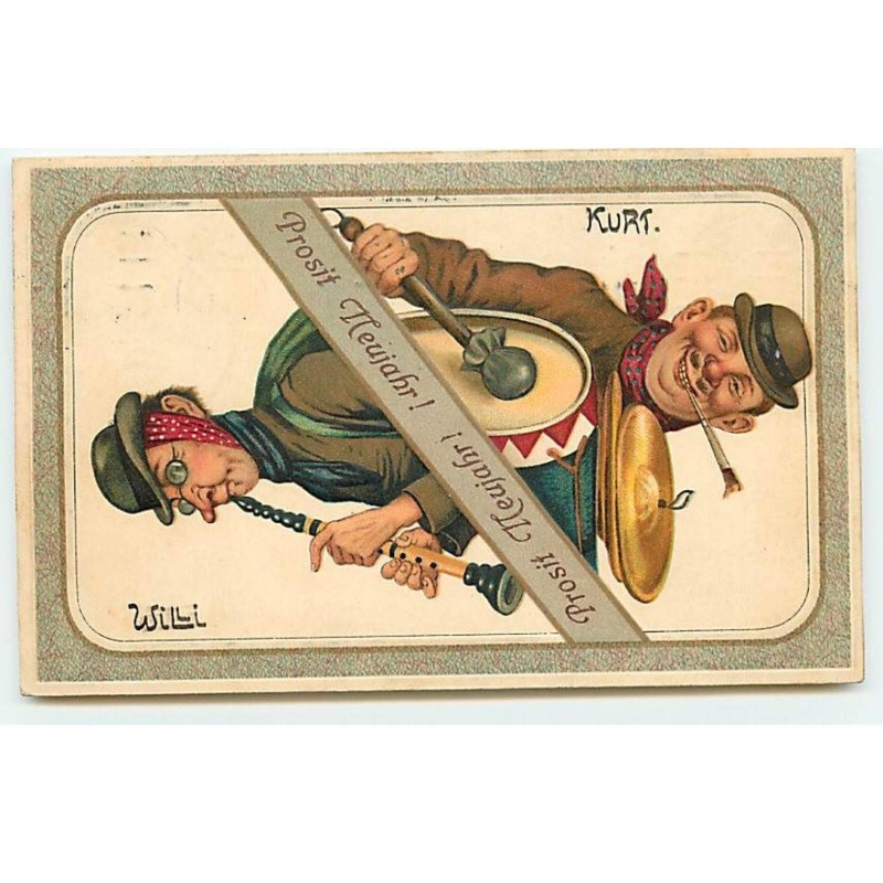 n°22833 - Carte Gaufrée - Prosit Neujahr - Hommes jouant de la musique  Carte à  jouer