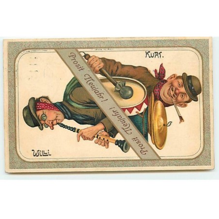 n°22833 - Carte Gaufrée - Prosit Neujahr - Hommes jouant de la musique  Carte à  jouer