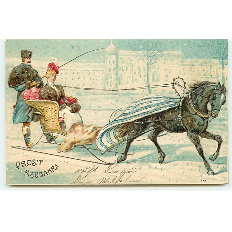 n°22834 - Carte Gaufrée - Prosit Neujahr - Homme conduisant une femme dans un traîneau tiré par un cheval