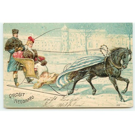 n°22834 - Carte Gaufrée - Prosit Neujahr - Homme conduisant une femme dans un traîneau tiré par un cheval